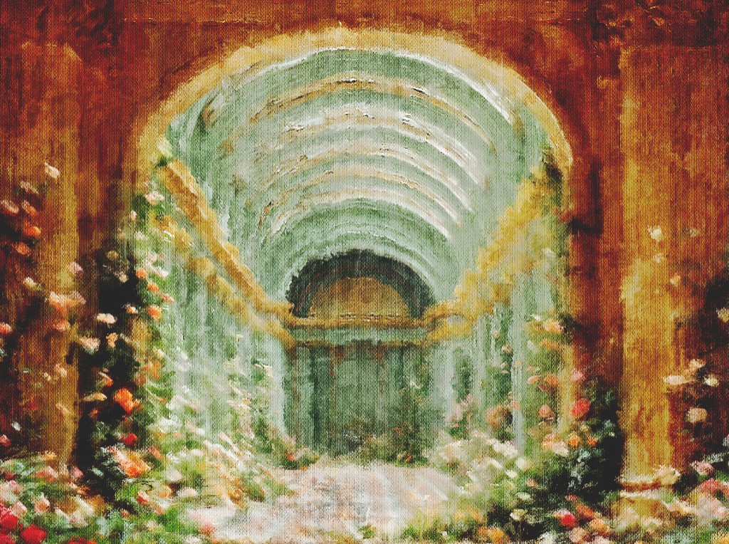 Oil painting of a garden path through vaulted arches
